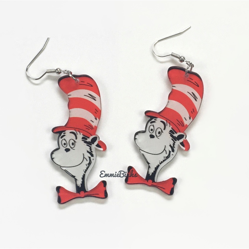 ✨3for$38 New Cat In The Hat Dr. Seuss Illustrated Character Dangle Earrings - Picture 8 of 11